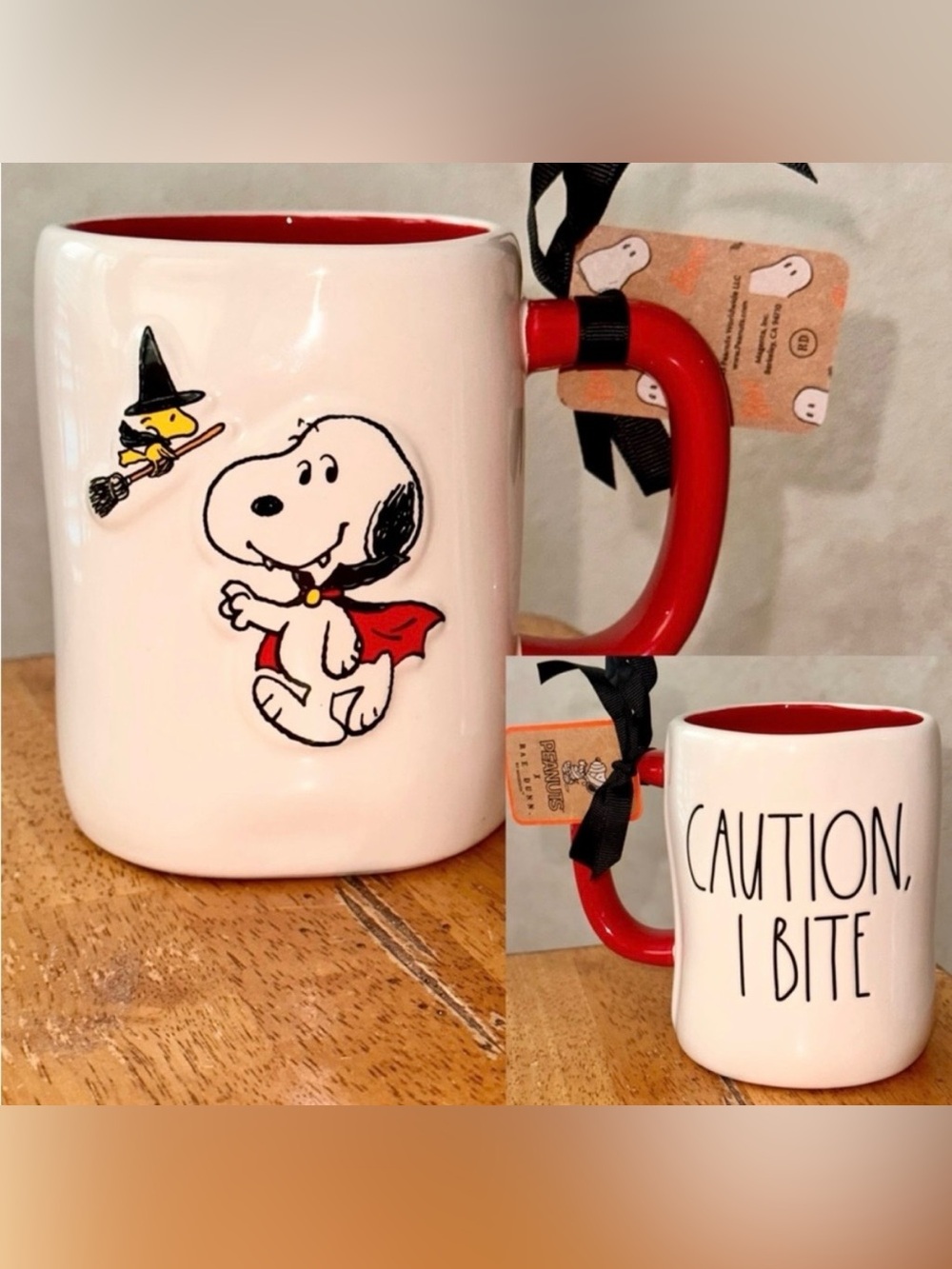 Rae Dunn + Peanuts Vampire Snoopy CAUTION I BITE Woodstock Flying Witch Mug NEW